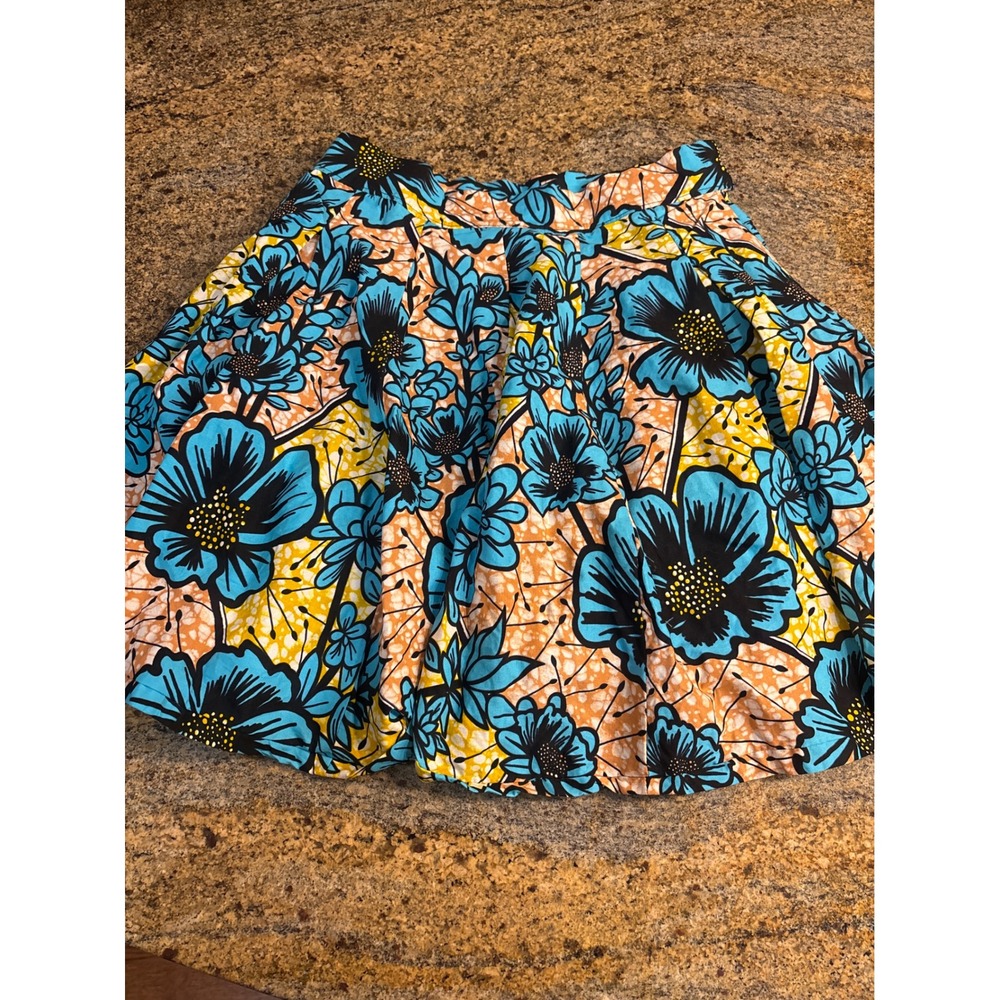 Francis + Benedict African Wax Print Floral Pleated Mini Skirt Blue Yellow Med